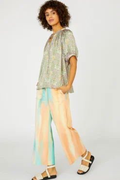 Short Sleeve Tops-Current Air Floral Nouveau Split Neck Blouse GREENPINK