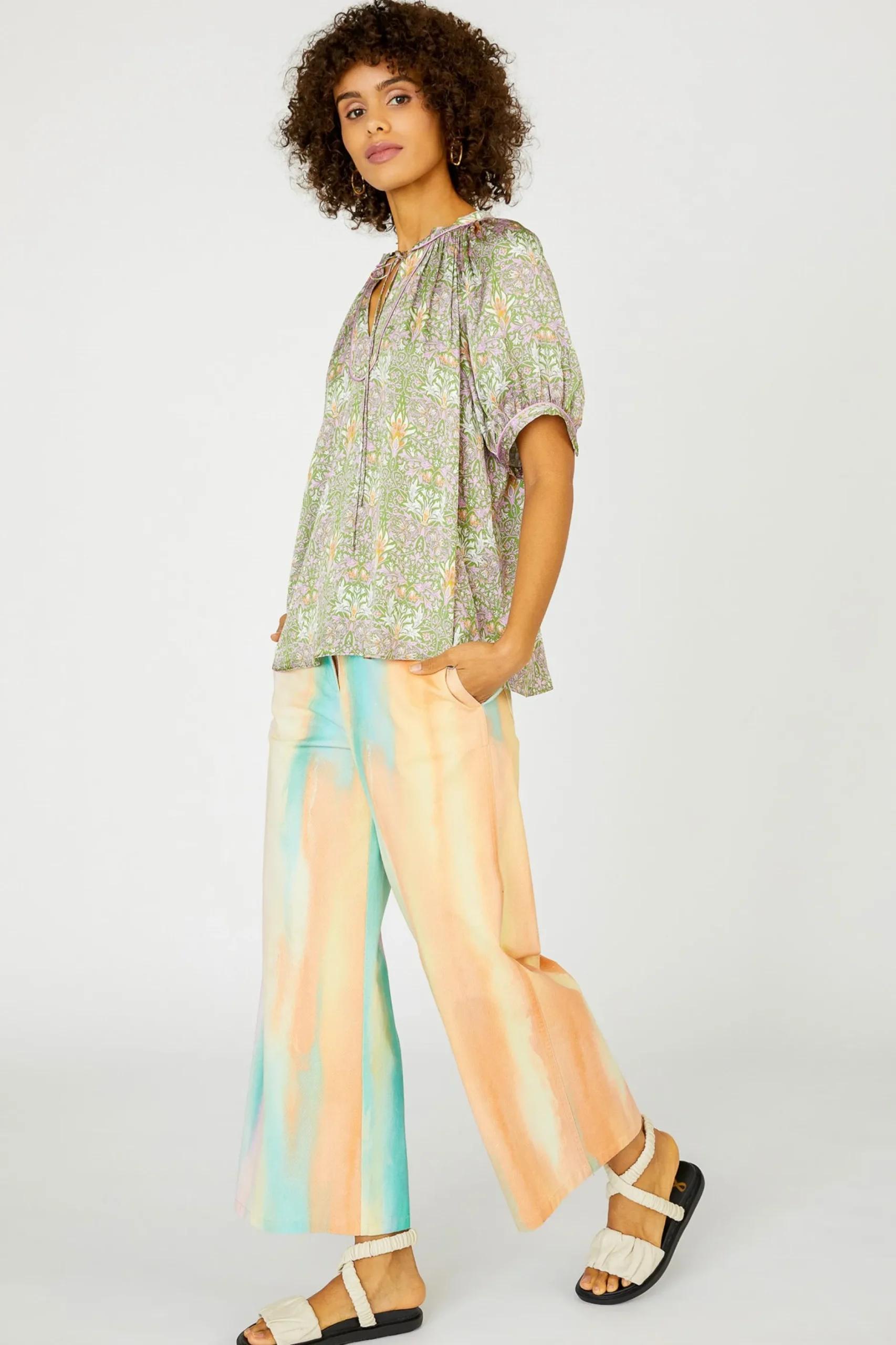 Short Sleeve Tops-Current Air Floral Nouveau Split Neck Blouse GREENPINK