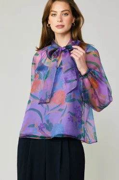 Long Sleeve Tops-Current Air Floral Organza Blouse PURPLE