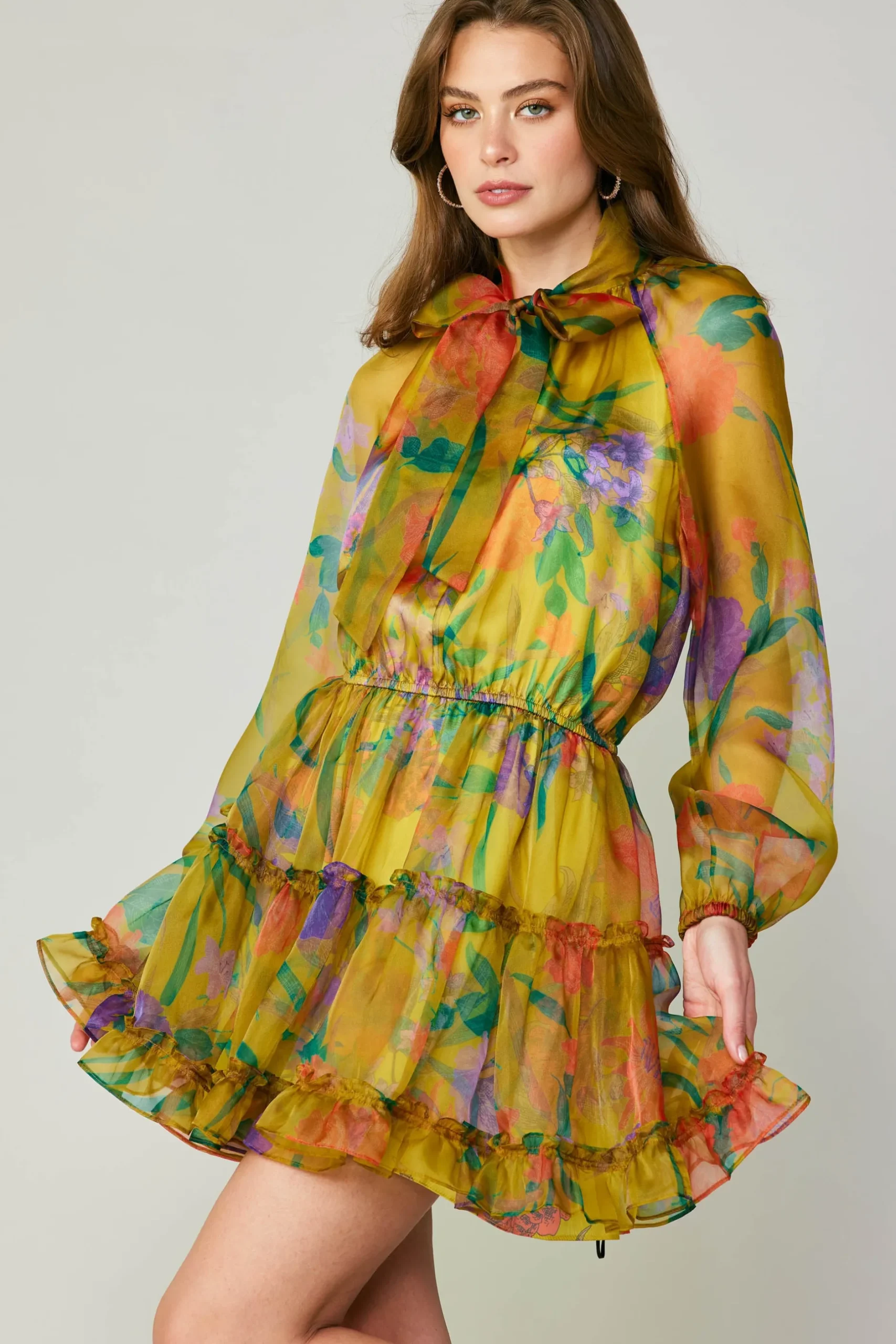 Mini Dresses-Current Air Floral Organza Mini Dress YELLOW