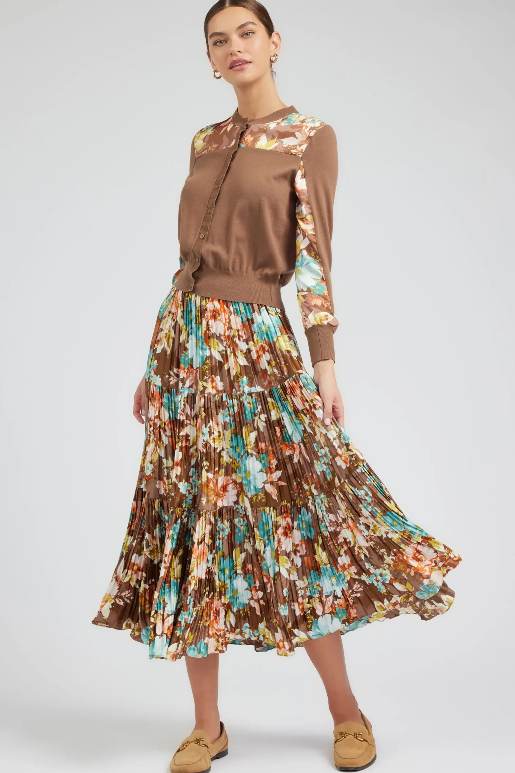 Skirts-Current Air Floral Pleated Midi Skirt BROWNMLT