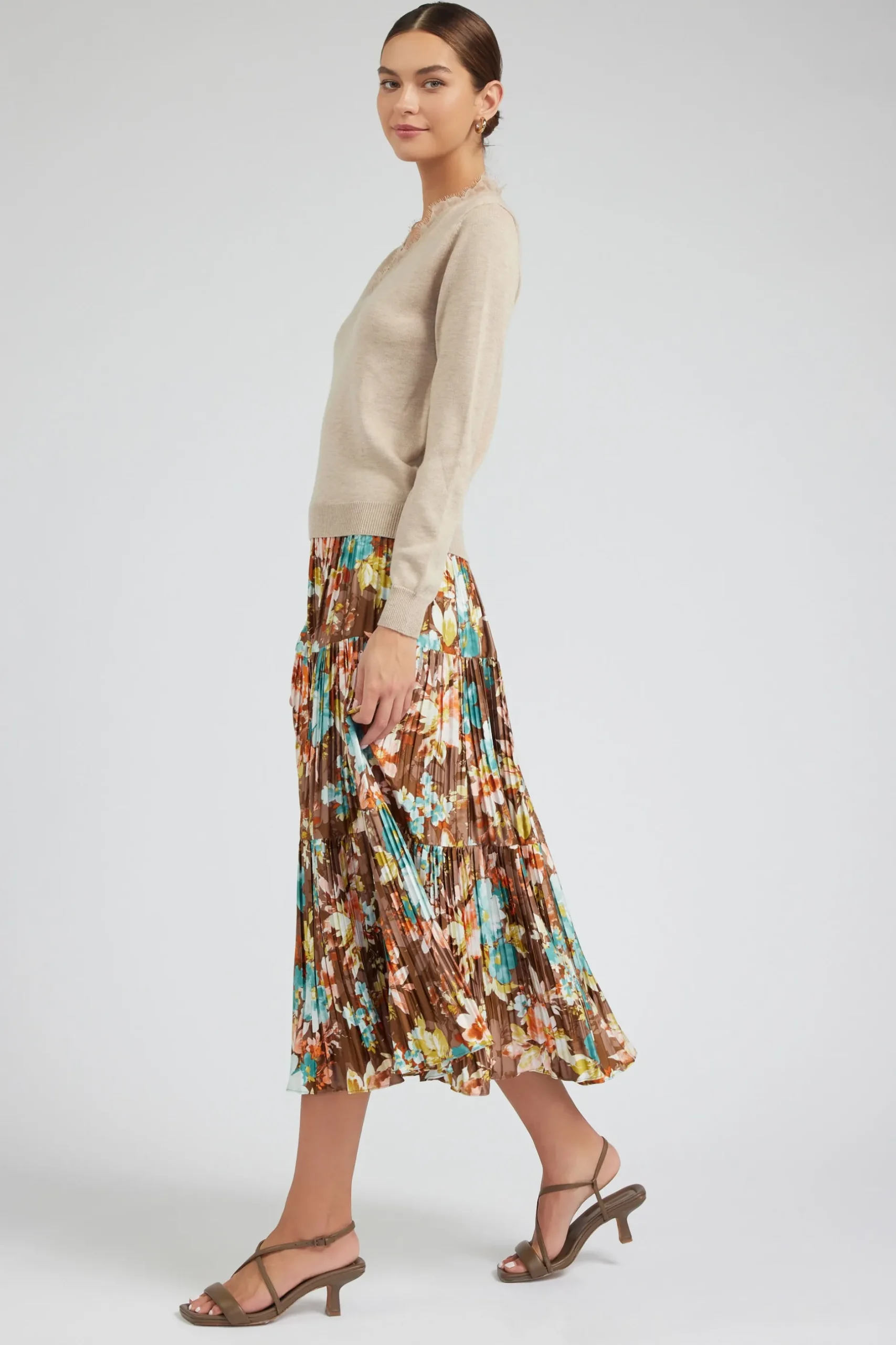 Skirts-Current Air Floral Pleated Midi Skirt BROWNMLT