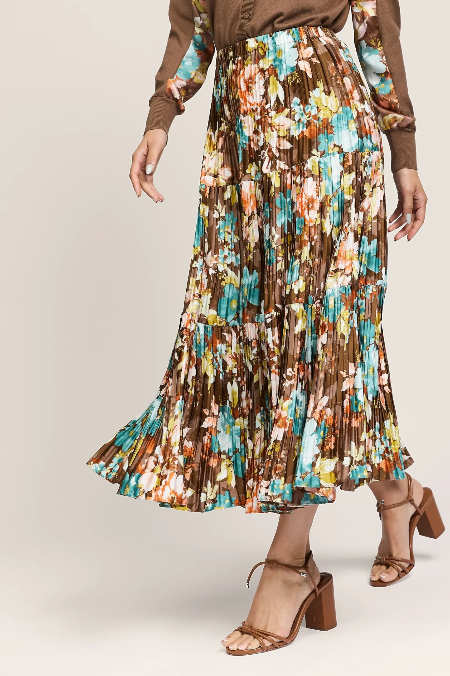 Skirts-Current Air Floral Pleated Midi Skirt BROWNMLT