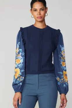 Sweaters-Current Air Floral Print Contrast Sweater Top NAVY