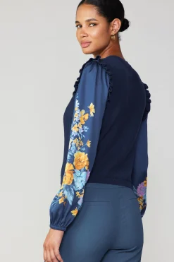 Sweaters-Current Air Floral Print Contrast Sweater Top NAVY