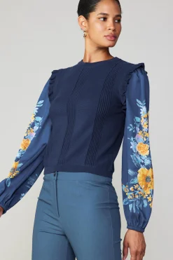 Sweaters-Current Air Floral Print Contrast Sweater Top NAVY