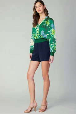 Long Sleeve Tops-Current Air Floral Print Surplice Blouse GREENFLORAL