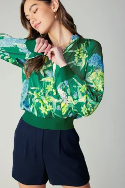 Long Sleeve Tops-Current Air Floral Print Surplice Blouse GREENFLORAL