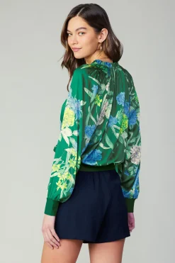 Long Sleeve Tops-Current Air Floral Print Surplice Blouse GREENFLORAL