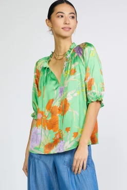 Short Sleeve Tops-Current Air Floral Split Neck Blouse FLORALGREEN
