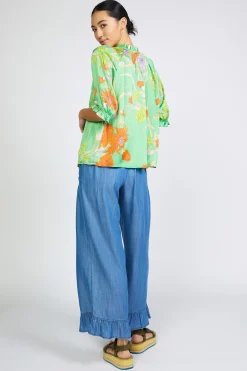 Short Sleeve Tops-Current Air Floral Split Neck Blouse FLORALGREEN