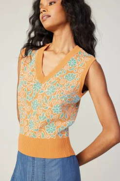 Knitwear|Sleeveless Tops-Current Air Floral Sweater Vest ORANGEMLT