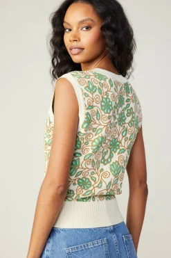 Knitwear|Sweaters-Current Air Floral Sweater Vest GREENMLT