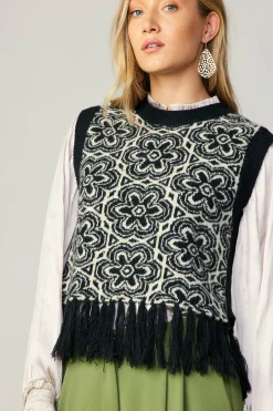 Sweaters-Current Air Floral Tassel Sweater Vest BLACK