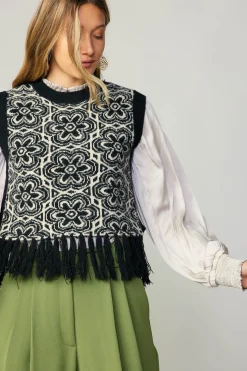 Sweaters-Current Air Floral Tassel Sweater Vest BLACK