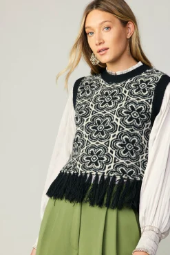 Sweaters-Current Air Floral Tassel Sweater Vest BLACK