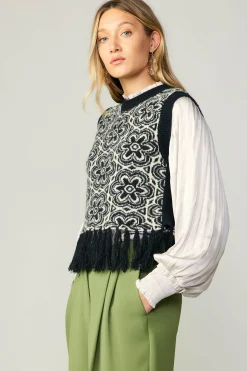 Sweaters-Current Air Floral Tassel Sweater Vest BLACK