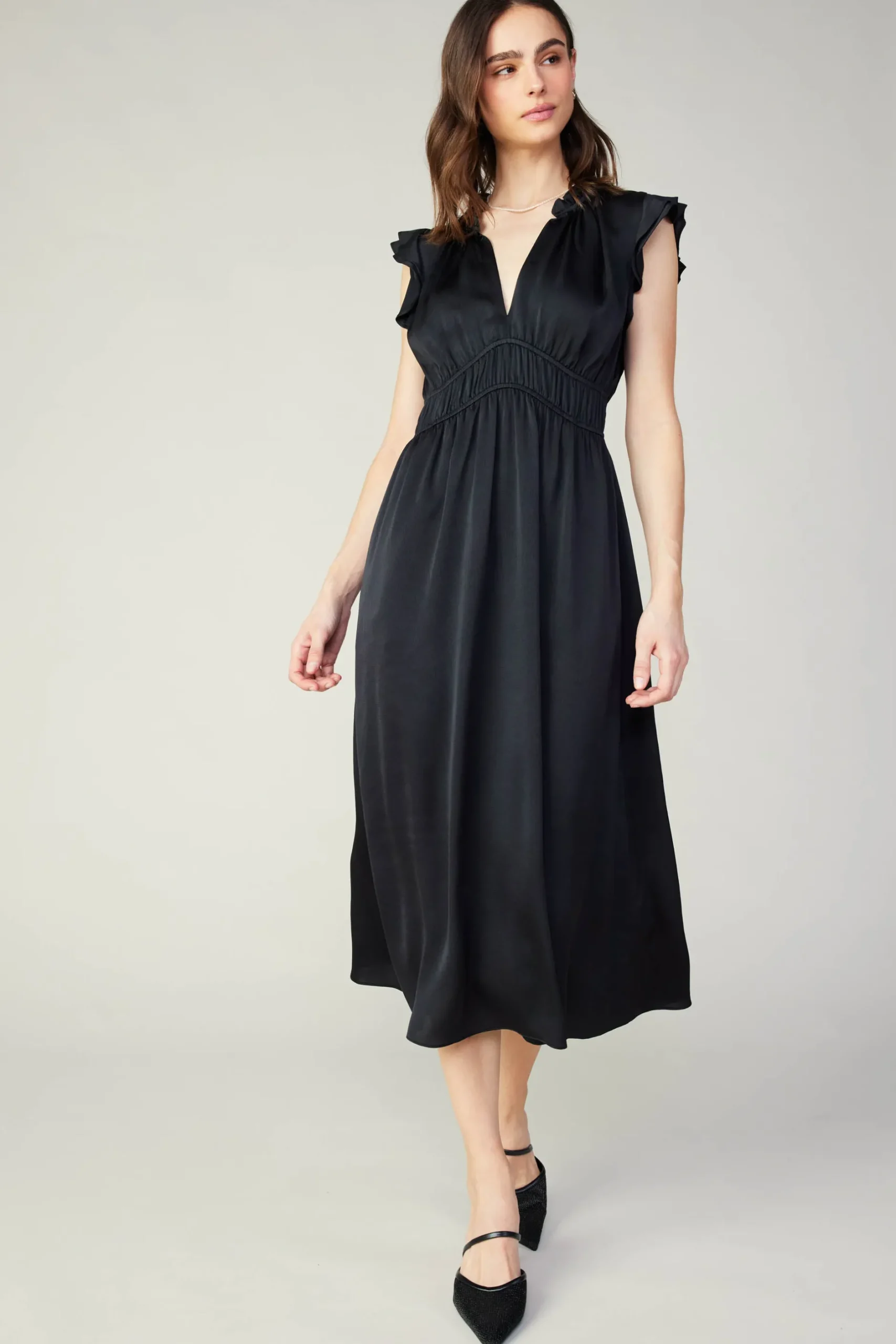 Midi Dresses-Current Air Florence Ruffled Midi Dress BLACK
