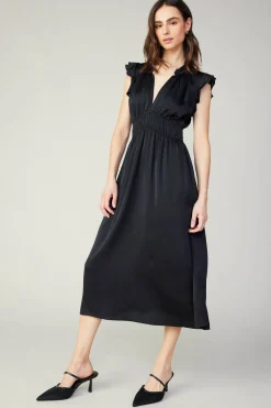 Midi Dresses-Current Air Florence Ruffled Midi Dress BLACK