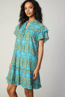 Mini Dresses-Current Air Flutter Sleeve Geo Print Dress BLUE