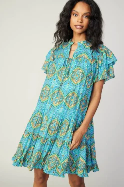 Mini Dresses-Current Air Flutter Sleeve Geo Print Dress BLUE