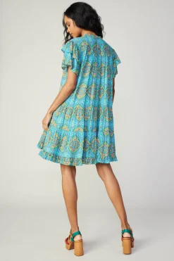 Mini Dresses-Current Air Flutter Sleeve Geo Print Dress BLUE