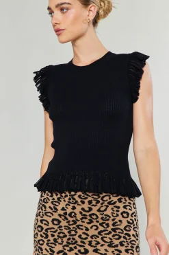 Knitwear|Sweaters-Current Air Flutter Sleeve Sweater Top BLACK