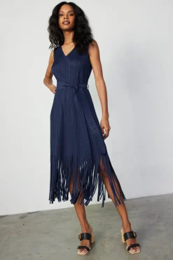 Midi Dresses-Current Air Fringe Skirt Midi Dress NAVY