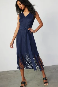 Midi Dresses-Current Air Fringe Skirt Midi Dress NAVY