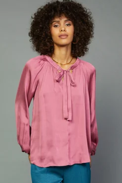 Long Sleeve Tops-Current Air Gathered Bow Tie Blouse MULBERRY