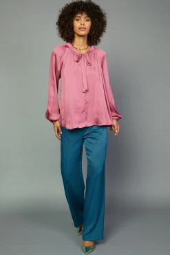 Long Sleeve Tops-Current Air Gathered Bow Tie Blouse MULBERRY