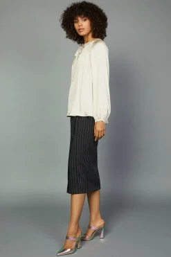 Long Sleeve Tops-Current Air Gathered Bow Tie Blouse CREAM