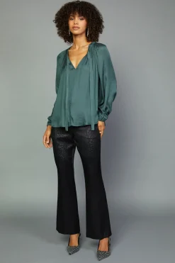 Long Sleeve Tops-Current Air Gathered Bow Tie Blouse FORESTGREEN
