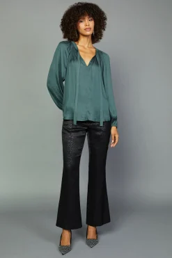 Long Sleeve Tops-Current Air Gathered Bow Tie Blouse FORESTGREEN