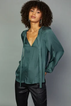 Long Sleeve Tops-Current Air Gathered Bow Tie Blouse FORESTGREEN
