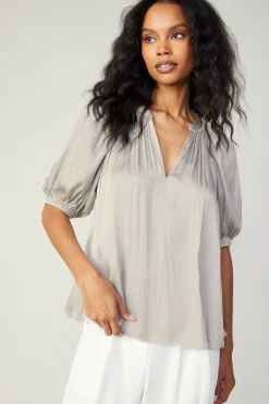Short Sleeve Tops-Current Air Gathered Neckline Blouse STONEGREY
