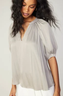 Short Sleeve Tops-Current Air Gathered Neckline Blouse STONEGREY