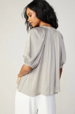 Short Sleeve Tops-Current Air Gathered Neckline Blouse STONEGREY