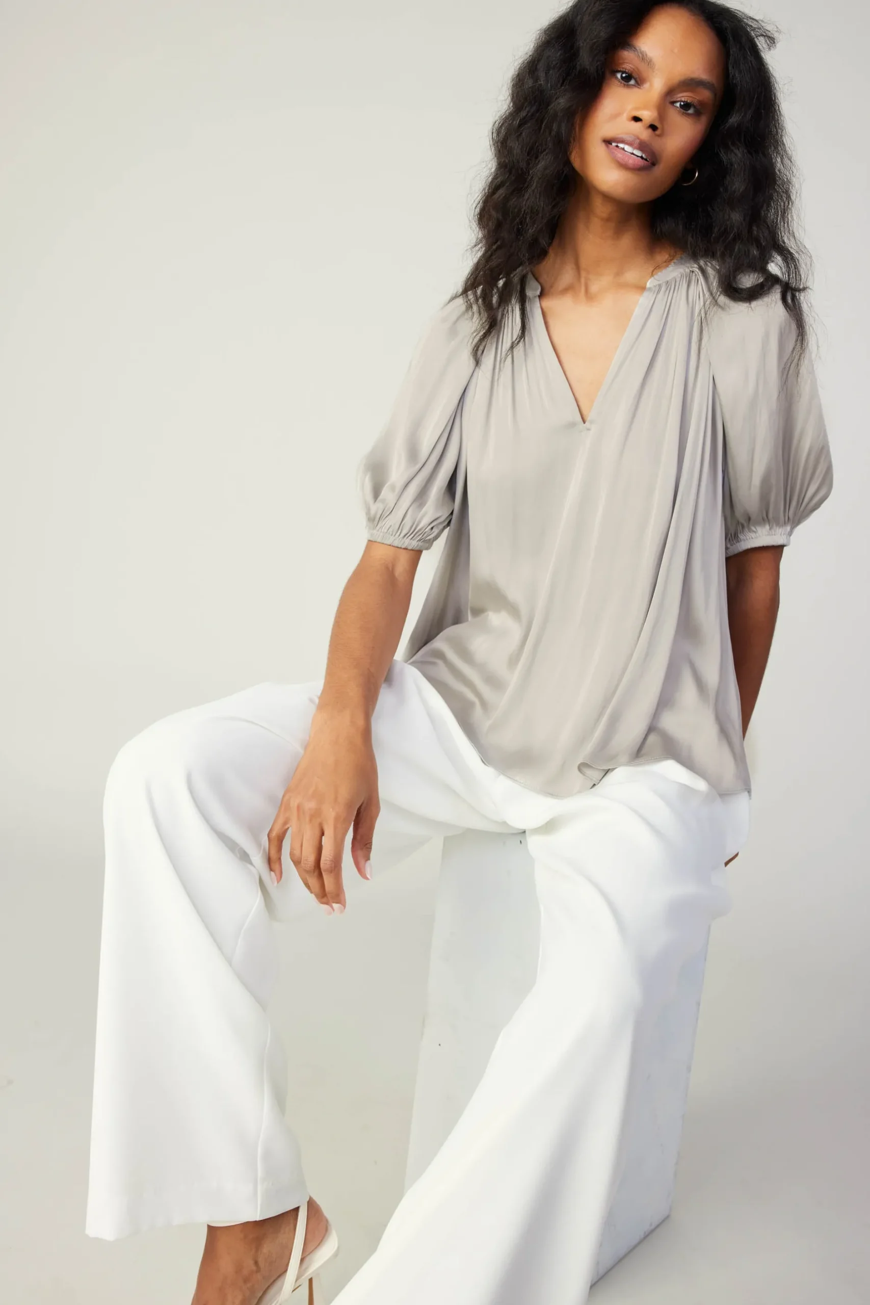 Short Sleeve Tops-Current Air Gathered Neckline Blouse STONEGREY