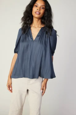 Short Sleeve Tops-Current Air Gathered Neckline Blouse SLATENAVY