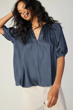 Short Sleeve Tops-Current Air Gathered Neckline Blouse SLATENAVY