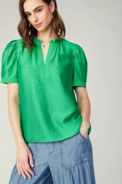 Short Sleeve Tops-Current Air Gathered Sleeve Blouse GREEN