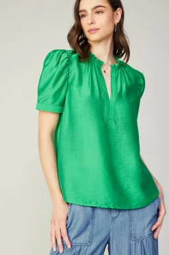 Short Sleeve Tops-Current Air Gathered Sleeve Blouse GREEN