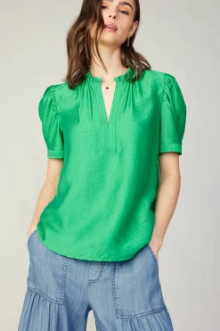 Short Sleeve Tops-Current Air Gathered Sleeve Blouse GREEN