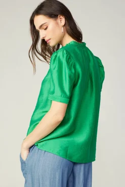 Short Sleeve Tops-Current Air Gathered Sleeve Blouse GREEN