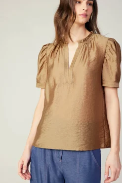Short Sleeve Tops-Current Air Gathered Sleeve Blouse LATTE