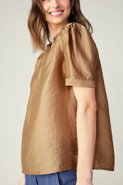 Short Sleeve Tops-Current Air Gathered Sleeve Blouse LATTE
