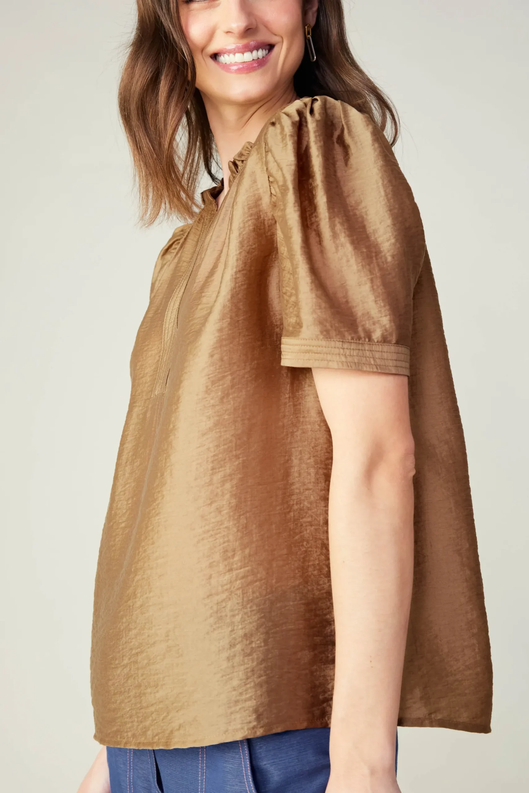 Short Sleeve Tops-Current Air Gathered Sleeve Blouse LATTE