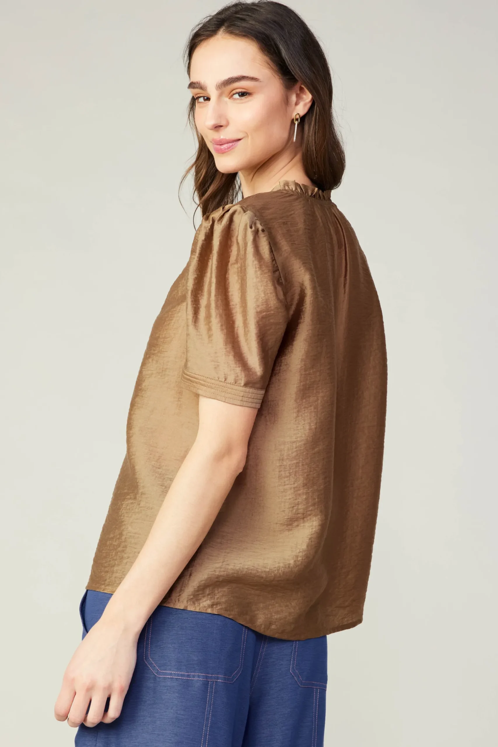 Short Sleeve Tops-Current Air Gathered Sleeve Blouse LATTE