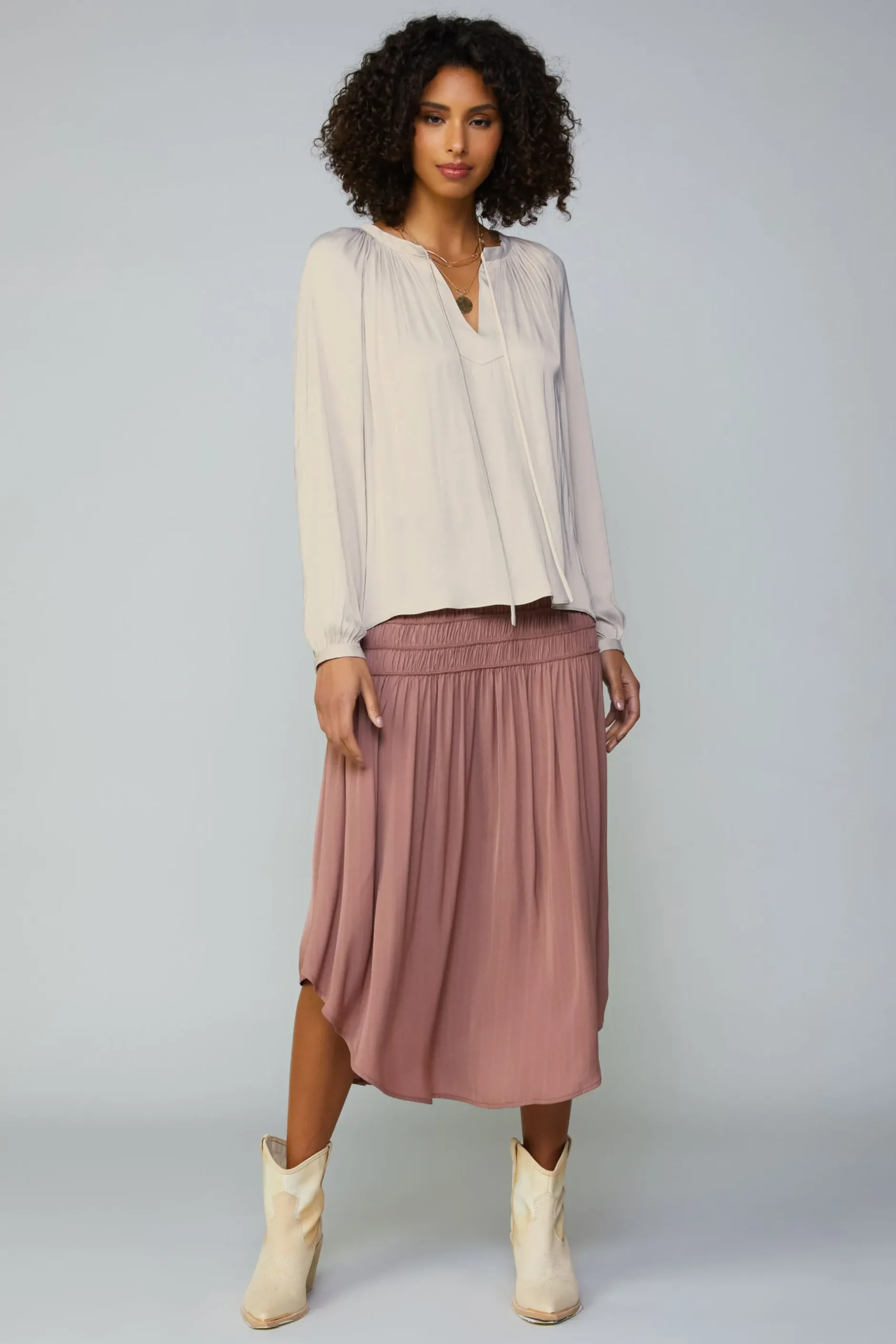 Long Sleeve Tops-Current Air Gathered Split Neck Blouse LIGHTTAUPE